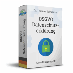 Eine 3D-Darstellung von zwei Produktverpackungen von Dr. Thomas Schwenke. Die linke Verpackung trägt den Titel "DSGVO Datenschutzerklärung". Auf der Seite der Verpackung steht ebenfalls "DSGVO Datenschutzerklärung". In der Mitte der Vorderseite befindet sich ein Symbol eines Vorhängeschlosses, und unten steht "Anwaltlich geprüft". Die rechte Verpackung trägt den Titel "Verzeichnis von Verarbeitungstätigkeiten (VVT)". Auf der Seite der Verpackung steht ebenfalls "Verzeichnis von Verarbeitungstätigkeiten". In der Mitte der Vorderseite befindet sich ein Symbol mit Dokumenten, und unten steht "Anwaltlich geprüft".