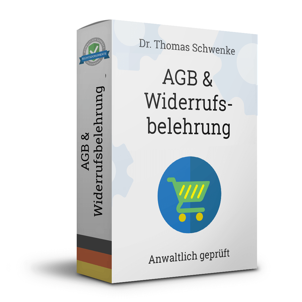 Produktverpackung von Dr. Thomas Schwenke mit dem Titel AGB und Widerrufsbelehrung. Auf der Vorderseite befindet sich ein Einkaufswagen-Symbol und der Hinweis Anwaltlich geprüft. Auf dem Rücken steht ebenfalls AGB und Widerrufsbelehrung. Die Verpackung trägt ein Siegel mit der Aufschrift Rechtsdokumente und zeigt am unteren Rand die deutsche Flagge.
