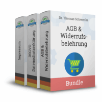 Produktpaket von Dr. Thomas Schwenke mit drei Rechtsdokumenten, dargestellt als Verpackungen mit deutscher Flagge. Die einzelnen Titel auf den Rücken lauten: Impressum, DSGVO Datenschutzerklärung und AGB und Widerrufsbelehrung. Die vordere Verpackung zeigt den Titel AGB und Widerrufsbelehrung mit einem Einkaufswagen-Symbol. Unten auf der Vorderseite steht das Wort Bundle auf einem rosa Balken. Jede Verpackung trägt ein Siegel mit der Aufschrift Rechtsdokumente.