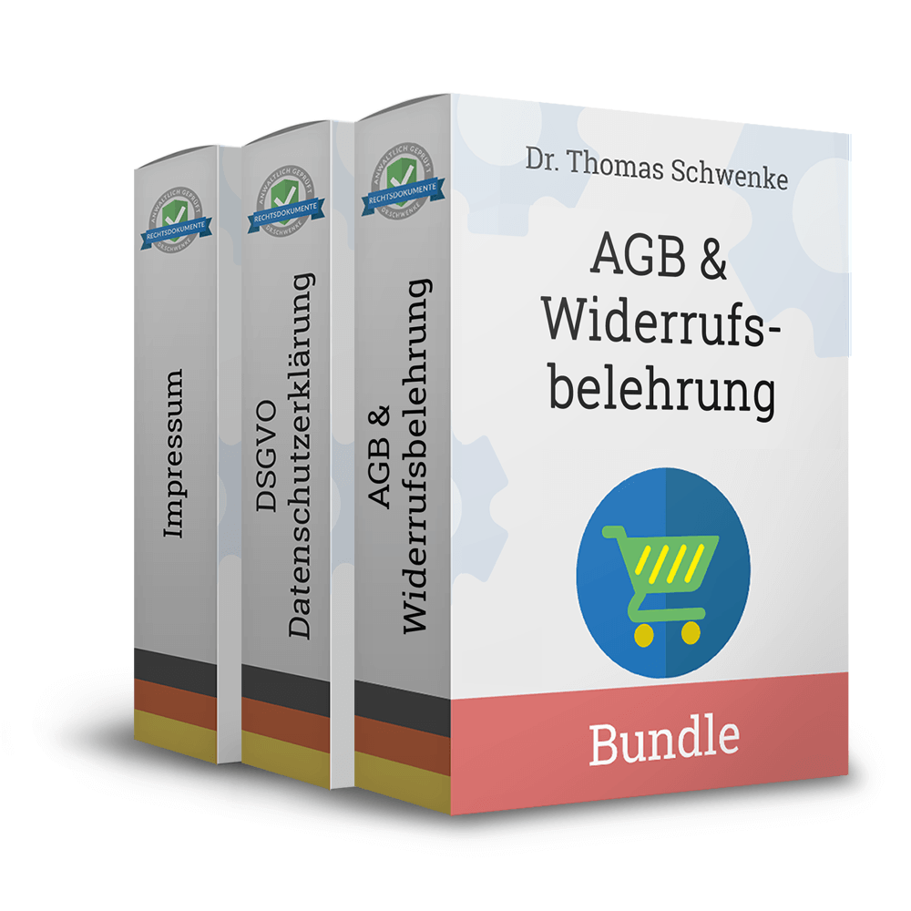 Produktpaket von Dr. Thomas Schwenke mit drei Rechtsdokumenten, dargestellt als Verpackungen mit deutscher Flagge. Die einzelnen Titel auf den Rücken lauten: Impressum, DSGVO Datenschutzerklärung und AGB und Widerrufsbelehrung. Die vordere Verpackung zeigt den Titel AGB und Widerrufsbelehrung mit einem Einkaufswagen-Symbol. Unten auf der Vorderseite steht das Wort Bundle auf einem rosa Balken. Jede Verpackung trägt ein Siegel mit der Aufschrift Rechtsdokumente.