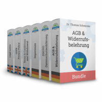 Produktpaket von Dr. Thomas Schwenke mit sechs Rechtsdokumenten in deutscher und englischer Sprache, dargestellt als Verpackungen. Die einzelnen Titel auf den Rücken lauten: Legal notice, GDPR Privacy Policy, Terms and Conditions and Withdrawal (jeweils mit britischer Flagge), Impressum, DSGVO Datenschutzerklärung und AGB und Widerrufsbelehrung (jeweils mit deutscher Flagge). Die vordere Verpackung zeigt den Titel AGB und Widerrufsbelehrung mit einem Einkaufswagen-Symbol. Unten auf der Vorderseite steht das Wort Bundle auf einem rosa Balken. Jede Verpackung trägt ein Siegel mit der Aufschrift Legal Documents oder Rechtsdokumente.