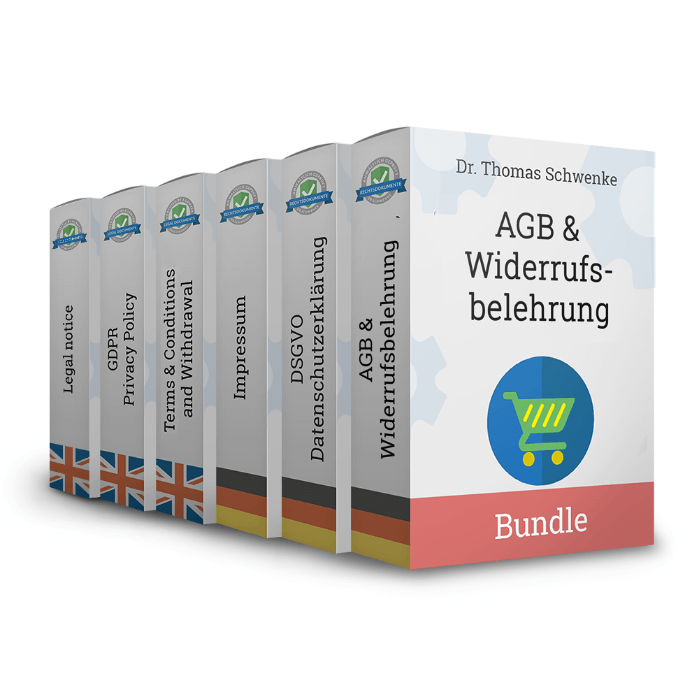 Produktpaket von Dr. Thomas Schwenke mit sechs Rechtsdokumenten in deutscher und englischer Sprache, dargestellt als Verpackungen. Die einzelnen Titel auf den Rücken lauten: Legal notice, GDPR Privacy Policy, Terms and Conditions and Withdrawal (jeweils mit britischer Flagge), Impressum, DSGVO Datenschutzerklärung und AGB und Widerrufsbelehrung (jeweils mit deutscher Flagge). Die vordere Verpackung zeigt den Titel AGB und Widerrufsbelehrung mit einem Einkaufswagen-Symbol. Unten auf der Vorderseite steht das Wort Bundle auf einem rosa Balken. Jede Verpackung trägt ein Siegel mit der Aufschrift Legal Documents oder Rechtsdokumente.
