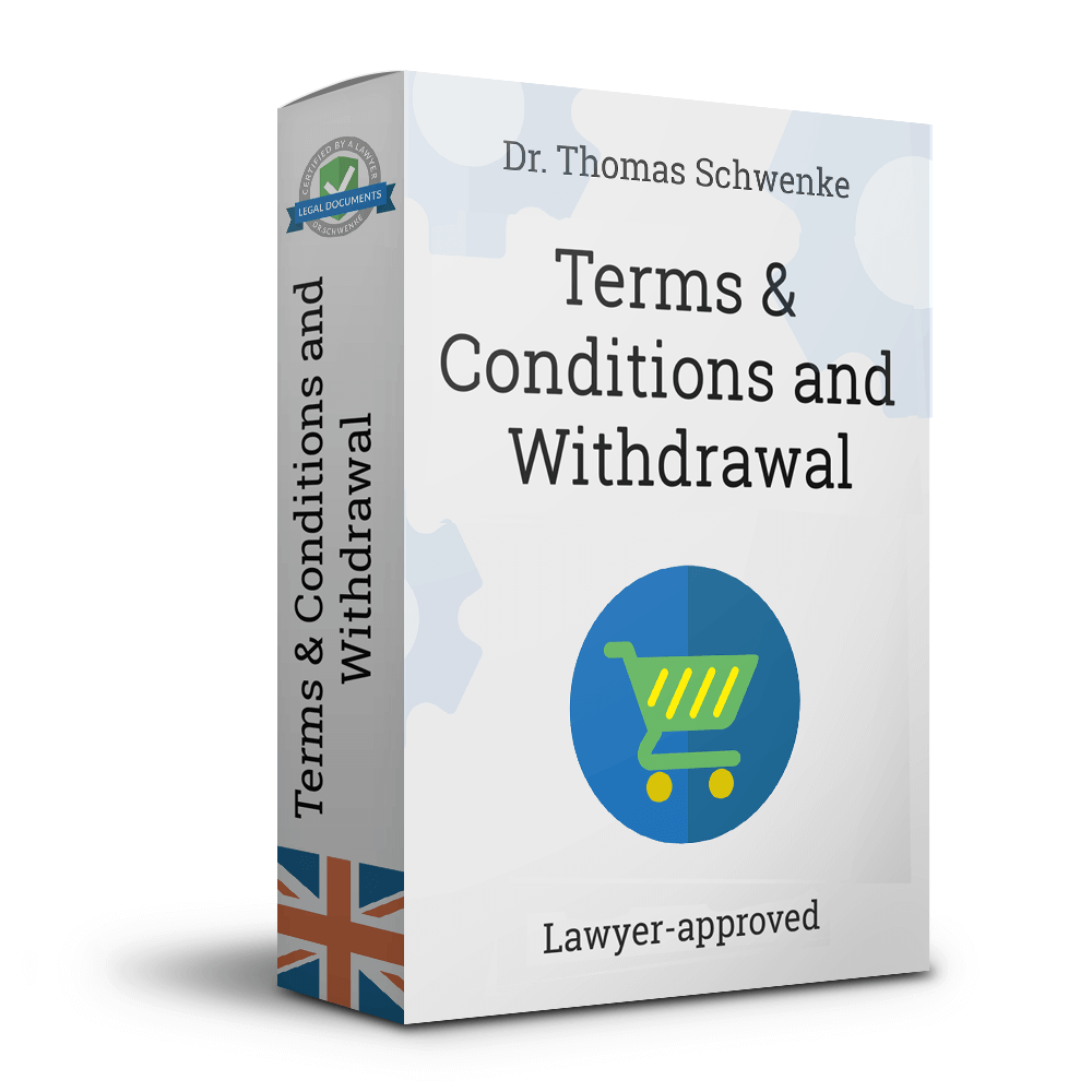 Produktverpackung von Dr. Thomas Schwenke mit dem Titel Terms and Conditions and Withdrawal. Auf der Vorderseite befindet sich ein Einkaufswagen-Symbol und der Hinweis Lawyer-approved. Auf dem Rücken steht ebenfalls Terms and Conditions and Withdrawal. Die Verpackung trägt ein Siegel mit der Aufschrift Legal Documents und zeigt am unteren Rand des Rückens die britische Flagge.