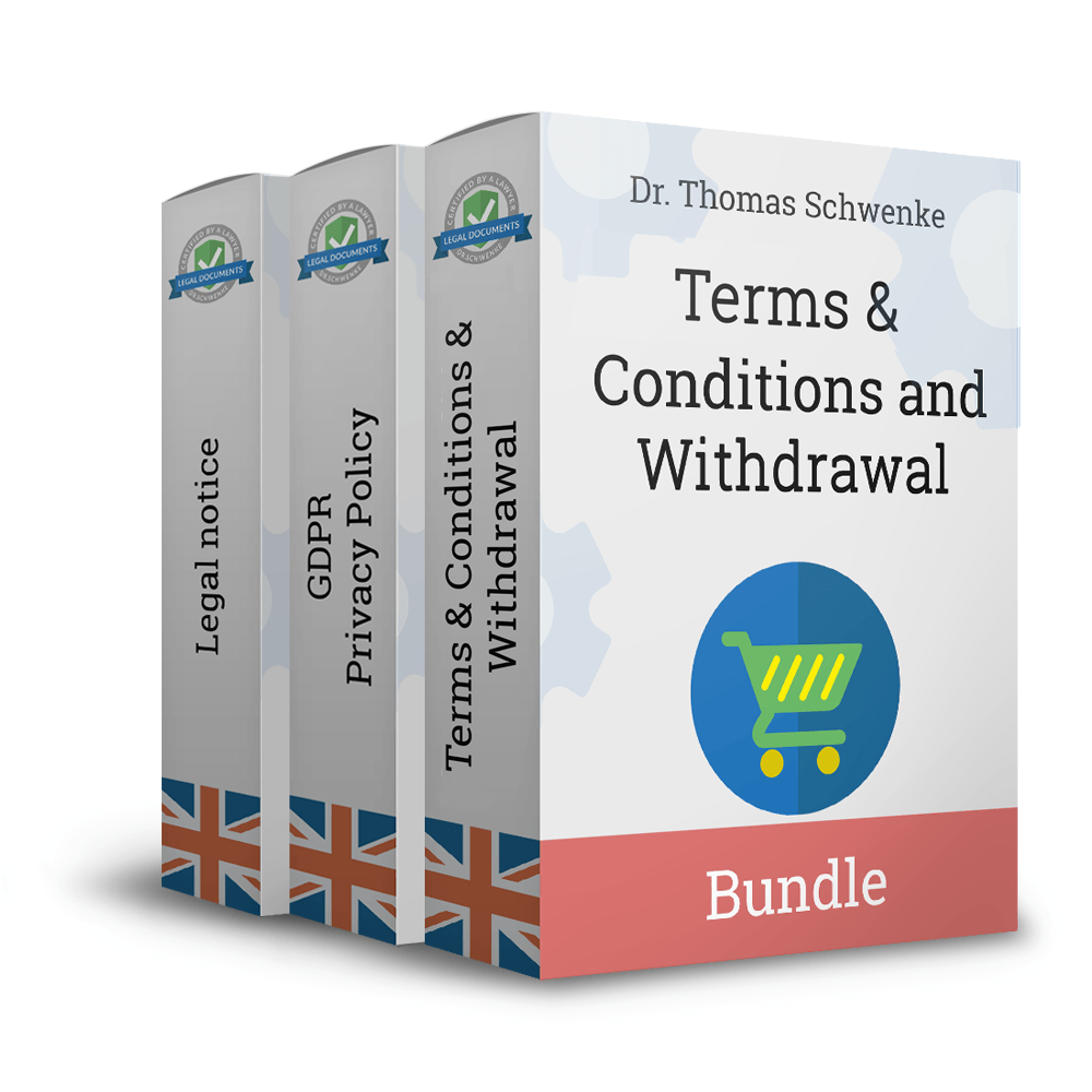 Produktpaket von Dr. Thomas Schwenke mit drei englischsprachigen Rechtsdokumenten, dargestellt als Verpackungen mit britischer Flagge. Die einzelnen Titel auf den Rücken lauten: Legal notice, GDPR Privacy Policy und Terms and Conditions and Withdrawal. Die vordere Verpackung zeigt den Titel Terms and Conditions and Withdrawal mit einem Einkaufswagen-Symbol. Unten auf der Vorderseite steht das Wort Bundle auf einem rosa Balken. Jede Verpackung trägt ein Siegel mit der Aufschrift Legal Documents.