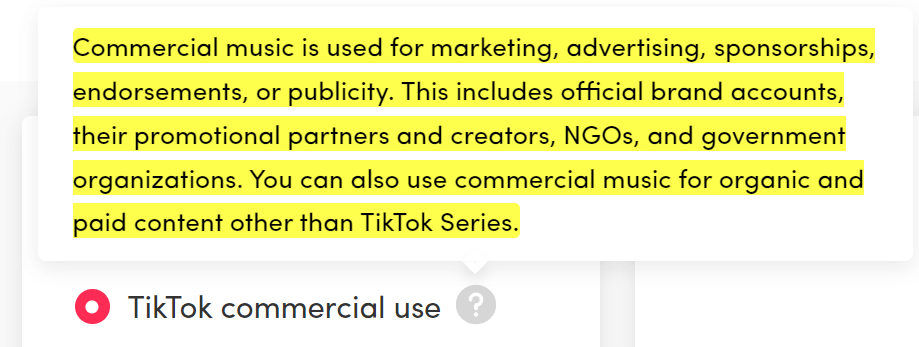 Der Mouse-Over-Text im Katalog für kommerzielle Musik listet die Fälle auf, in denen TikTok von einer kommerziellen oder nicht-persönlichen Musiknutzung ausgeht.