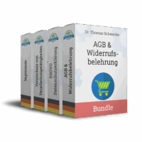 Produktpaket von Dr. Thomas Schwenke mit vier Rechtsdokumenten, dargestellt als Verpackungen mit deutscher Flagge. Die einzelnen Titel auf den Rücken lauten: Impressum, Verzeichnis von Verarbeitungstätigkeiten, DSGVO Datenschutzerklärung und AGB und Widerrufsbelehrung. Die vordere Verpackung zeigt den Titel AGB und Widerrufsbelehrung mit einem Einkaufswagen-Symbol. Unten auf der Vorderseite steht das Wort Bundle auf einem rosa Balken. Jede Verpackung trägt ein Siegel mit der Aufschrift Rechtsdokumente.