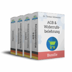 Produktpaket von Dr. Thomas Schwenke mit vier Rechtsdokumenten, dargestellt als Verpackungen mit deutscher Flagge. Die einzelnen Titel auf den Rücken lauten: Impressum, Verzeichnis von Verarbeitungstätigkeiten, DSGVO Datenschutzerklärung und AGB und Widerrufsbelehrung. Die vordere Verpackung zeigt den Titel AGB und Widerrufsbelehrung mit einem Einkaufswagen-Symbol. Unten auf der Vorderseite steht das Wort Bundle auf einem rosa Balken. Jede Verpackung trägt ein Siegel mit der Aufschrift Rechtsdokumente.