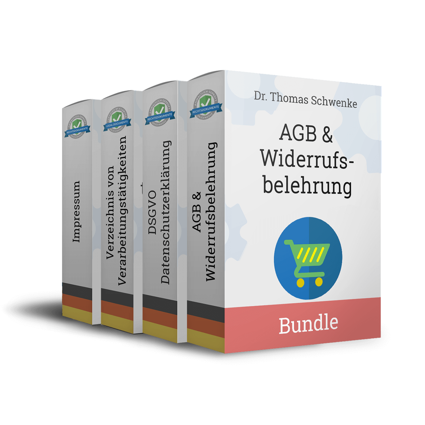 Produktpaket von Dr. Thomas Schwenke mit vier Rechtsdokumenten, dargestellt als Verpackungen mit deutscher Flagge. Die einzelnen Titel auf den Rücken lauten: Impressum, Verzeichnis von Verarbeitungstätigkeiten, DSGVO Datenschutzerklärung und AGB und Widerrufsbelehrung. Die vordere Verpackung zeigt den Titel AGB und Widerrufsbelehrung mit einem Einkaufswagen-Symbol. Unten auf der Vorderseite steht das Wort Bundle auf einem rosa Balken. Jede Verpackung trägt ein Siegel mit der Aufschrift Rechtsdokumente.