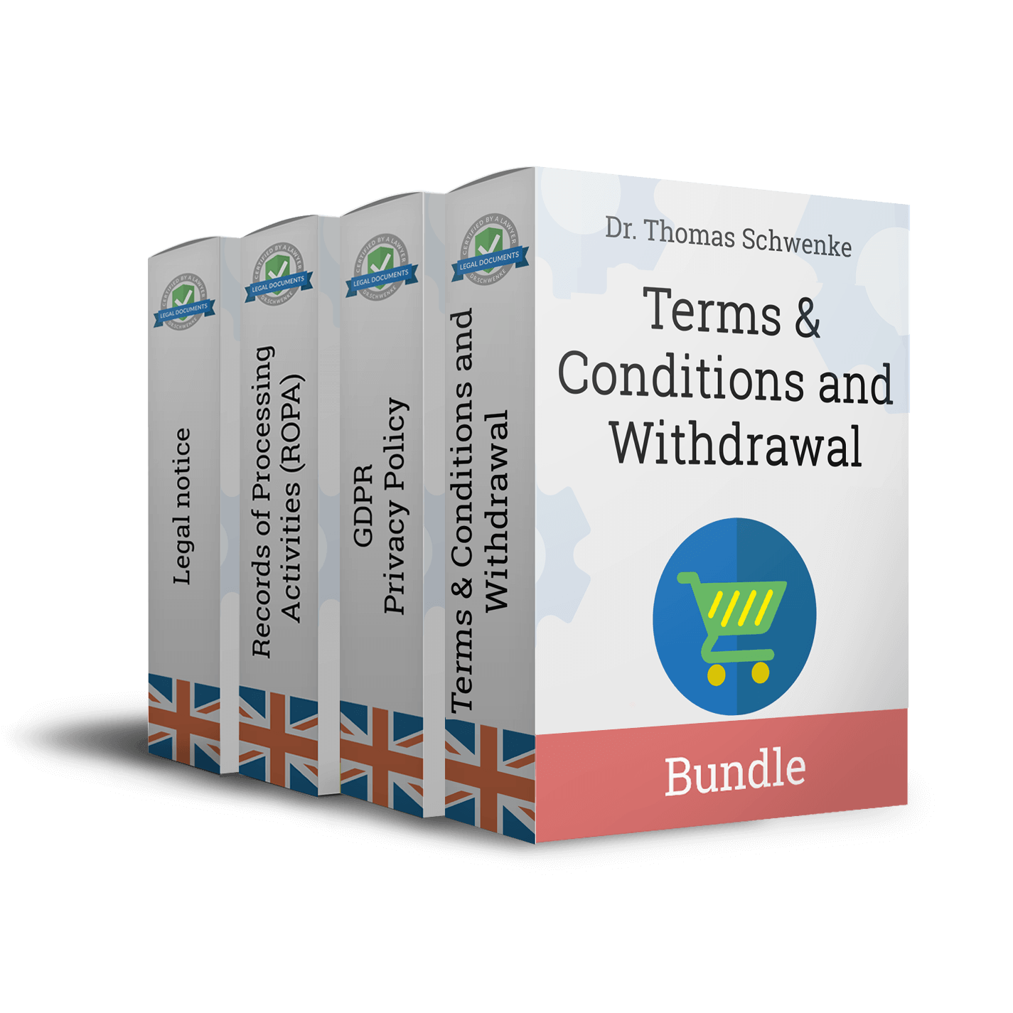 Produktpaket von Dr. Thomas Schwenke mit vier Rechtsdokumenten, dargestellt als Verpackungen mit britischer Flagge. Die einzelnen Titel auf den Rücken lauten: Legal notice, Records of Processing Activities (ROPA), GDPR Privacy Policy und Terms and Conditions and Withdrawal. Die vordere Verpackung zeigt den Titel Terms and Conditions and Withdrawal mit einem Einkaufswagen-Symbol. Unten auf der Vorderseite steht das Wort Bundle auf einem rosa Balken. Jede Verpackung trägt ein Siegel mit der Aufschrift Legal Documents.