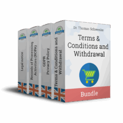 Produktpaket von Dr. Thomas Schwenke mit vier englischsprachigen Rechtsdokumenten, dargestellt als Verpackungen mit britischer Flagge. Die einzelnen Titel auf den Rücken lauten: Legal notice, Records of Processing Activities (ROPA), GDPR Privacy Policy und Terms and Conditions and Withdrawal. Die vordere Verpackung zeigt den Titel Terms and Conditions and Withdrawal mit einem Einkaufswagen-Symbol. Unten auf der Vorderseite steht das Wort Bundle auf einem rosa Balken. Jede Verpackung trägt ein Siegel mit der Aufschrift Legal Documents.