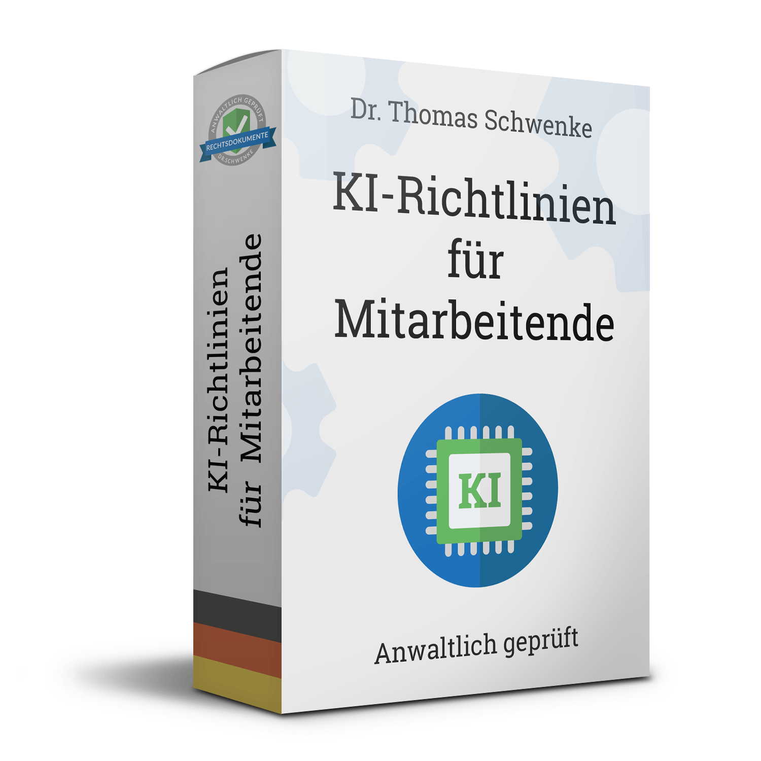 Eine 3D-Darstellung einer Produktverpackung von Dr. Thomas Schwenke mit dem Titel "KI-Richtlinien für Mitarbeitende". Auf der Seite der Verpackung steht ebenfalls "KI-Richtlinien für Mitarbeitende". Unten auf der Vorderseite steht "Anwaltlich geprüft". In der Mitte der Vorderseite befindet sich ein Symbol, das einen Mikrochip mit den Buchstaben "KI" zeigt. Am oberen Rand der Seitenfläche ist ein Logo mit einer grünen Checkmark und der Aufschrift "Vertrauensprofis".