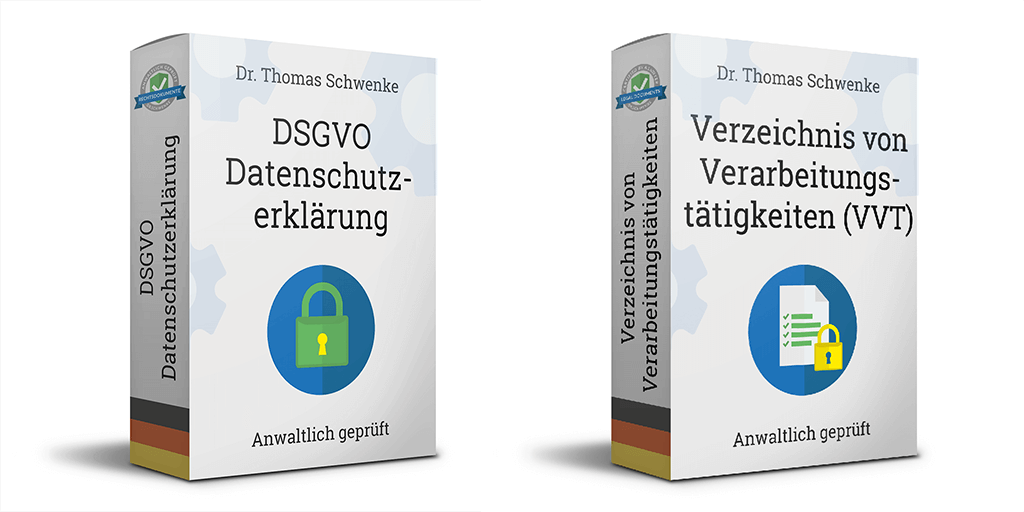 Eine 3D-Darstellung von zwei Produktverpackungen von Dr. Thomas Schwenke. Die linke Verpackung trägt den Titel DSGVO Datenschutzerklärung. Auf der Seite der Verpackung steht ebenfalls DSGVO Datenschutzerklärung