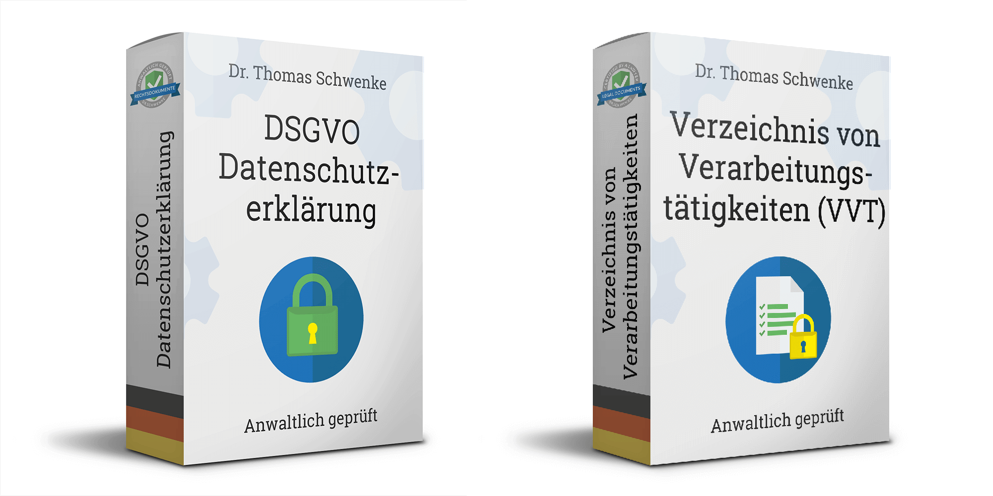 Eine 3D-Darstellung von zwei Produktverpackungen von Dr. Thomas Schwenke. Die linke Verpackung trägt den Titel "DSGVO Datenschutzerklärung". Auf der Seite der Verpackung steht ebenfalls "DSGVO Datenschutzerklärung". In der Mitte der Vorderseite befindet sich ein Symbol eines Vorhängeschlosses, und unten steht "Anwaltlich geprüft". Die rechte Verpackung trägt den Titel "Verzeichnis von Verarbeitungstätigkeiten (VVT)". Auf der Seite der Verpackung steht ebenfalls "Verzeichnis von Verarbeitungstätigkeiten". In der Mitte der Vorderseite befindet sich ein Symbol mit Dokumenten, und unten steht "Anwaltlich geprüft". 