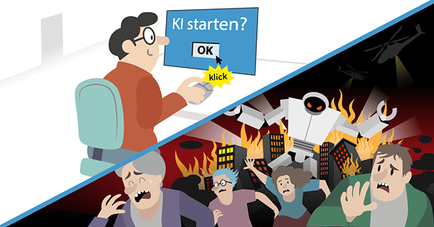 Cartoon-Bild zweigeteilt: Oben Mann mit Brille am Computer, klickt auf OK-Button zur Frage KI starten?. Unten apokalyptische Szene mit brennender Stadt, Robotern und fliehenden Menschen. Kontrast zwischen harmloser KI-Aktivierung und möglichen verheerenden Konsequenzen.