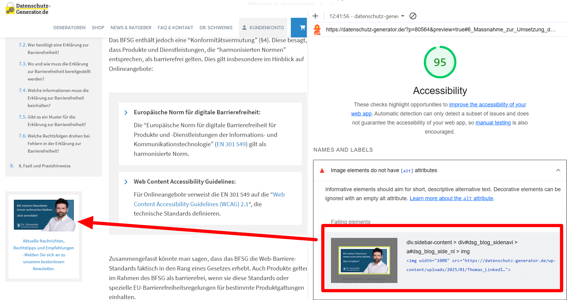 Screenshot einer Webseite des Datenschutz-Generators mit Informationen zur Barrierefreiheit. Die Seite zeigt einen Ausschnitt eines Artikels über rechtliche Anforderungen und Standards für digitale Barrierefreiheit. Rechts ist ein Accessibility-Check mit einer Bewertung von 95 Punkten sichtbar. Am unteren Rand befindet sich ein Hinweis auf fehlende alt-Attribute bei Bildelementen.