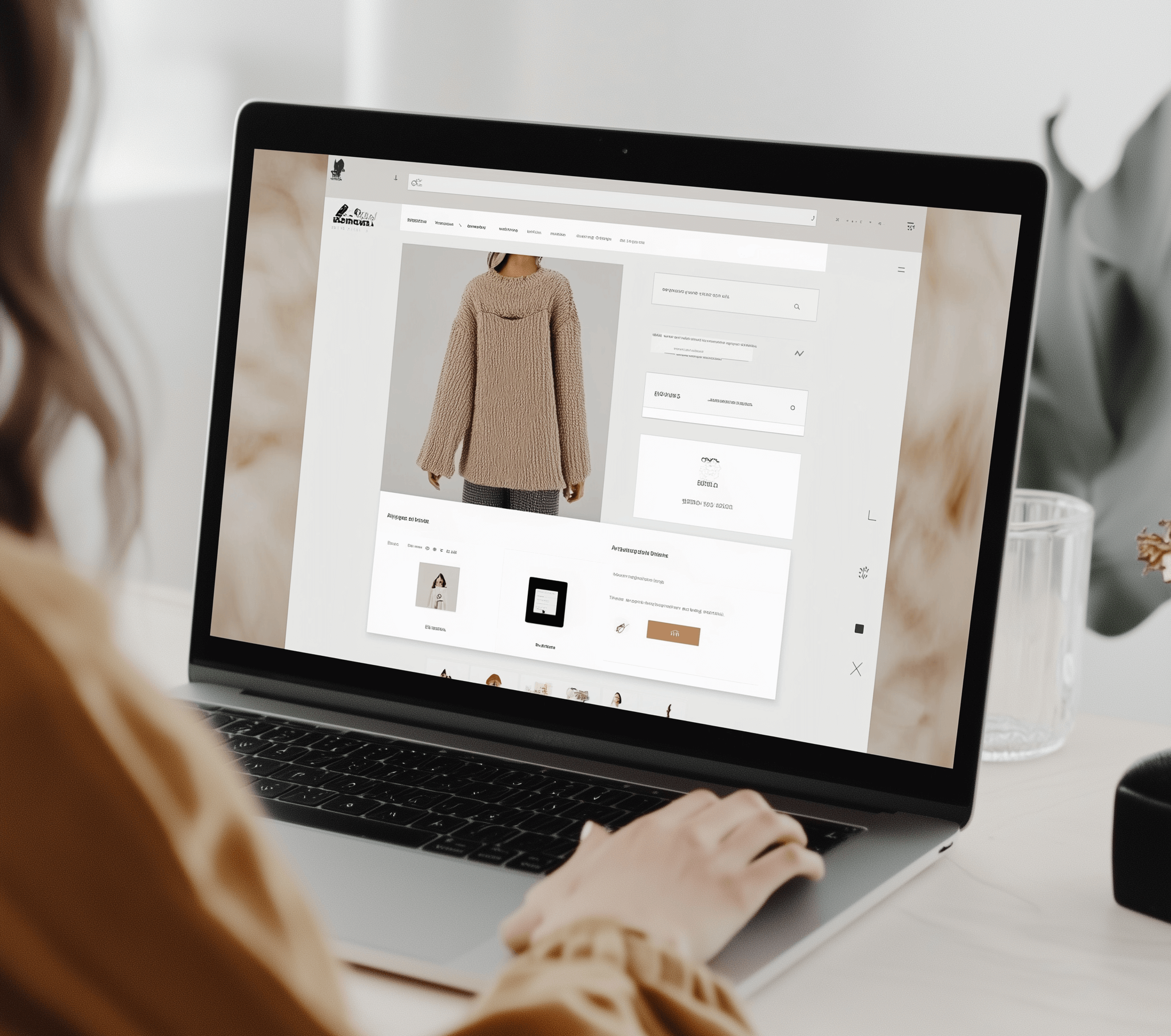 Laptop-Bildschirm zeigt eine E-Commerce-Webseite für Kleidung. Im Fokus steht ein beiger Strickpullover. Die Produktseite enthält ein Hauptbild des Pullovers, weitere Produktbilder, Größenauswahl und einen Kaufen-Button. Eine Person sitzt vor dem Laptop und bedient ihn, nur Hände und Arme sind sichtbar. Der Hintergrund zeigt einen hellen, aufgeräumten Arbeitsplatz mit einem Glas Wasser und einer Pflanze.