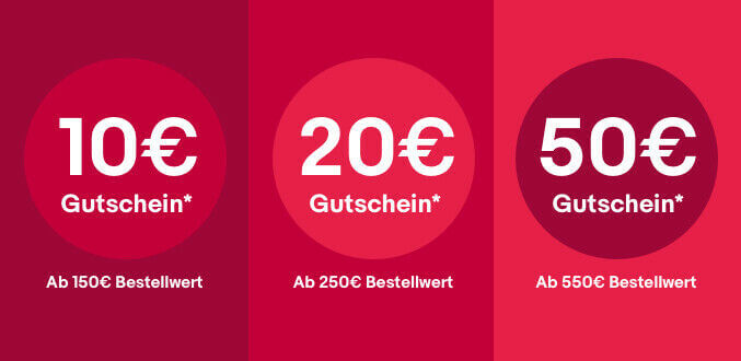 Drei rote Kreise nebeneinander mit Gutscheinwerten: 10€ Gutschein ab 150€ Bestellwert, 20€ Gutschein ab 250€ Bestellwert und 50€ Gutschein ab 550€ Bestellwert. Die Kreise sind in unterschiedlichen Rottönen auf einem roten Hintergrund platziert.