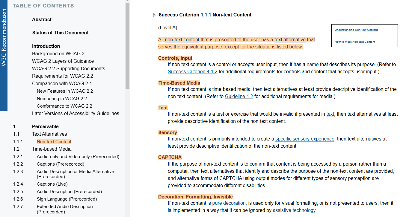 Bildschirmfoto eines Abschnitts der WCAG 2.2 Richtlinien zum Success Criterion 1.1.1 Non-text Content. Es zeigt ein Inhaltsverzeichnis links und detaillierte Erläuterungen rechts zu Textalternativen für verschiedene Arten von nicht-textlichen Inhalten wie Steuerelemente, zeitbasierte Medien, Tests, CAPTCHAs und dekorative Elemente. Oben rechts befindet sich ein Link zu weiterführenden Informationen.