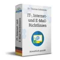 Produktbox mit dem Titel IT-, Internet- und E-Mail-Richtlinien von Dr. Thomas Schwenke. Auf der Vorderseite ein Computerbildschirm mit einem @-Symbol, davor ein grünes Schloss.