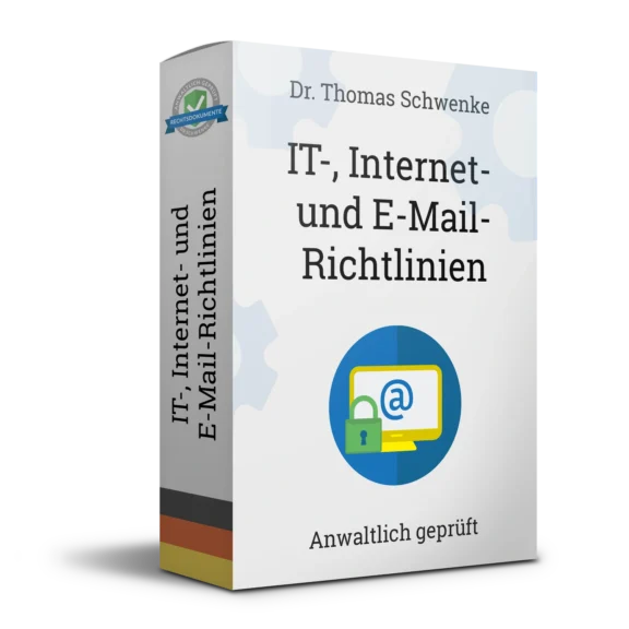 Produktbox mit dem Titel IT-, Internet- und E-Mail-Richtlinien von Dr. Thomas Schwenke. Auf der Vorderseite ein Computerbildschirm mit einem @-Symbol, davor ein grünes Schloss.