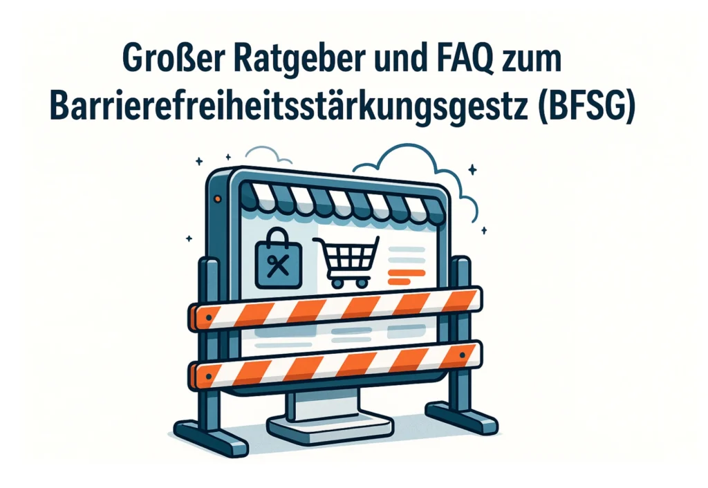Illustration mit Überschrift: Großer Ratgeber und FAQ zum Barrierefreiheitsstärkungsgesetz (BFSG). Ein großer Monitor zeigt eine Shop-Oberfläche mit Markise, Einkaufstasche-Icon und Einkaufswagen. Vor dem Bildschirm stehen zwei orange-weiß gestreifte Absperrbalken als Symbol für Barrieren im E‑Commerce. Klare, helle Hintergrundfläche mit wenigen dekorativen Linien und Sternchen.