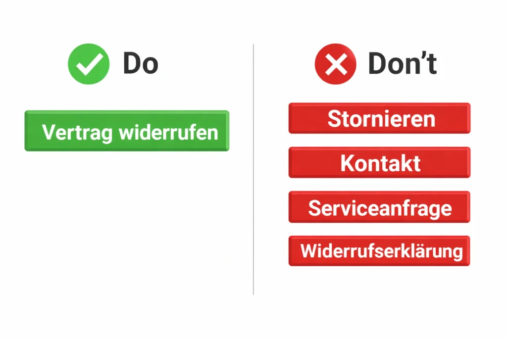 Vergleichsgrafik Do und Don’t. Linke Seite mit grünem Häkchen und großem grünen Button: Vertrag widerrufen. Rechte Seite mit rotem Kreuz und drei roten Buttons übereinander: Stornieren, Kontakt, Serviceanfrage, darunter ein weiterer roter Button: Widerrufserklärung. Sinn: Do zeigt den korrekten Buttontext, Don’t zeigt ungeeignete Texte.
