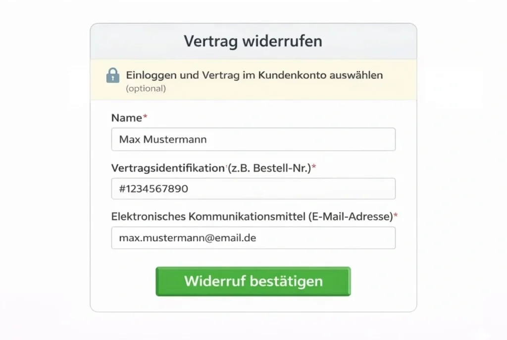 Screenshot eines Online-Formulars mit der Überschrift Vertrag widerrufen. Oben ein hell hinterlegter Hinweis mit Schlosssymbol: Einloggen und Vertrag im Kundenkonto auswählen (optional). Danach Pflichtfelder: Name mit Beispiel Max Mustermann; Vertragsidentifikation (z.B. Bestell-Nr.) mit Beispiel #1234567890; Elektronisches Kommunikationsmittel (E-Mail-Adresse) mit Beispiel max.mustermann@email.de. Unten ein großer grüner Button Widerruf bestätigen.
