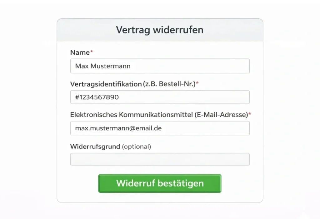Screenshot eines Online-Formulars mit der Überschrift Vertrag widerrufen. Eingabefelder: Name* mit Beispiel Max Mustermann; Vertragsidentifikation (z.B. Bestell-Nr.)* mit Beispiel #1234567890; Elektronisches Kommunikationsmittel (E-Mail-Adresse)* mit Beispiel max.mustermann@email.de; Widerrufsgrund (optional) leeres Textfeld. Unten ein grüner Button Widerruf bestätigen.