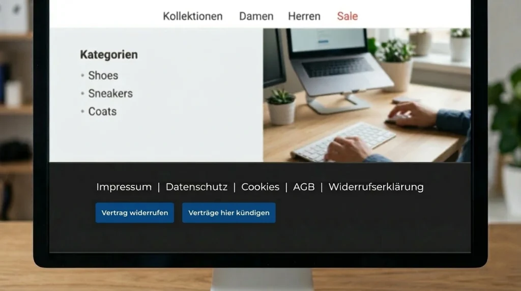 Monitor zeigt den unteren Bereich einer Onlineshop-Seite. Oben Navigationsleiste mit Kategorien Kolletionen, Damen, Herren, Sale. Links Liste Kategorien: Shoes, Sneakers, Coats. Unten dunkler Footer mit Links: Impressum | Datenschutz | Cookies | AGB | Widerrufserklärung. Darunter zwei blaue Buttons: Vertrag widerrufen und Verträge hier kündigen. Im rechten Bildteil Foto eines Arbeitsplatzes mit Tastatur, Laptop und Pflanzen.