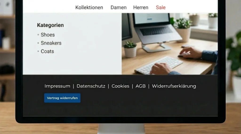Monitor zeigt unteren Bereich einer Shop-Webseite. Oben Navigationspunkte Kolletionen, Damen, Herren, Sale. Links Spalte Kategorien mit Aufzählung: Shoes, Sneakers, Coats. Unten dunkler Footer mit Links: Impressum | Datenschutz | Cookies | AGB | Widerrufserklärung. Ein einzelner blauer Button mit Aufschrift Vertrag widerrufen. Rechts ein Foto eines Arbeitsplatzes mit Tastatur, Laptop und Pflanzen.