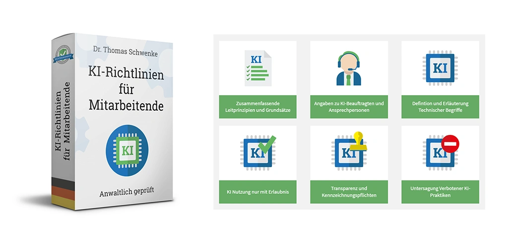 Produktgrafik KI-Richtlinien für Mitarbeitende, anwaltlich geprüft, daneben sechs Kacheln mit Icons und Überschriften: Zusammenfassende Leitprinzipien und Grundsätze; Angaben zu KI-Beauftragten und Ansprechpersonen; Definition und Erläuterung technischer Begriffe; KI Nutzung nur mit Erlaubnis; Transparenz und Kennzeichnungspflichten; Untersagung verbotener KI-Praktiken.