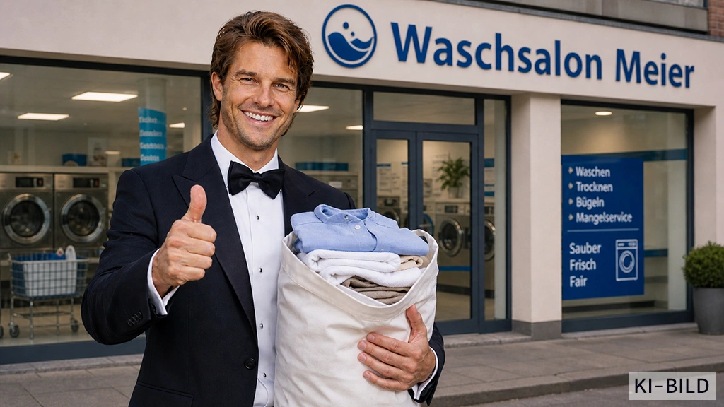 Mann im Smoking steht vor dem Laden Waschsalon Meier, zeigt Daumen hoch und hält einen großen Wäschesack mit gefalteten Hemden; im Schaufenster Liste der Services Waschen, Trocknen, Bügeln, Manglerservice sowie Slogan Sauber Frisch Fair; im Hintergrund sichtbare Waschmaschinen im Innenraum. Unten rechts: steht: KI-Bild.