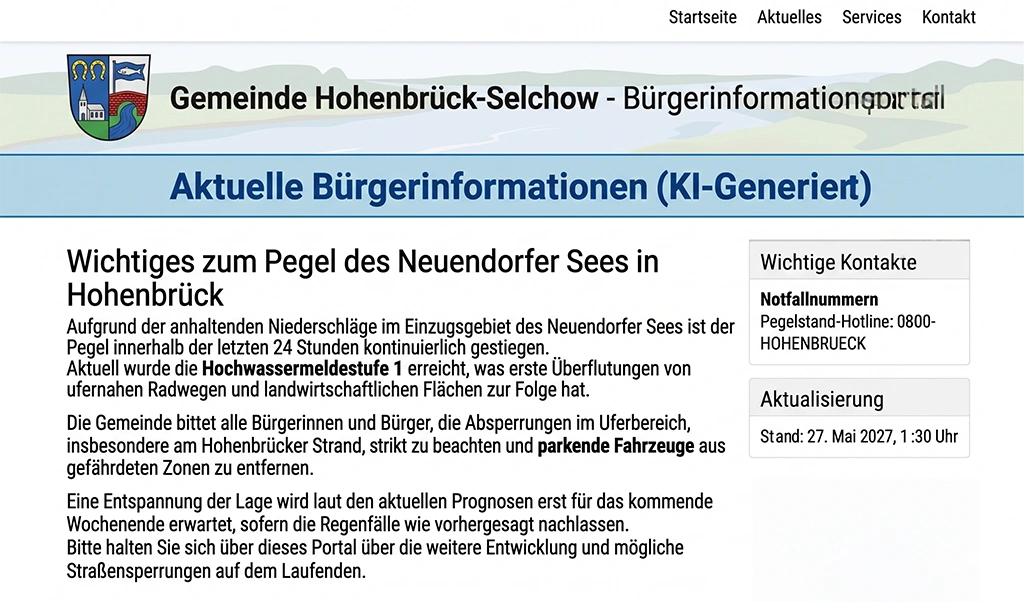 Fiktives Beispiel der Webseite der Gemeinde Hohenbrück-Selchow mit Titel Aktuelle Bürgerinformationen (KI-Generiert); Hauptmeldung zum Wasserstand des Neuendorfer Sees in Hohenbrück mit Hinweis auf Hochwassermeldestufe 1, Überflutungen nahe Radwegen und Feldern sowie Bitte, Absperrungen zu beachten und parkende Fahrzeuge aus Gefahrenzonen zu entfernen; Kasten rechts Wichtige Kontakte mit Notfallnummern und Pegelstand-Hotline 0800-HOHENBRUECK; darunter Kasten Aktualisierung mit Stand 27. Mai 2027, 1:30 Uhr.Audio Aufnahme