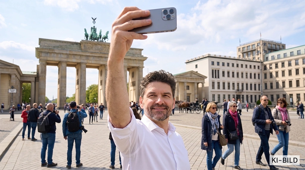 Person in weißem Hemd macht ein Selfie mit Smartphone vor dem Brandenburger Tor in Berlin; im Hintergrund viele Touristinnen und Touristen, einige mit Kameras, sowie Kutsche und moderne Gebäude; sonniger Tag mit leicht bewölktem Himmel; unten rechts Markierung als KI-Bild.