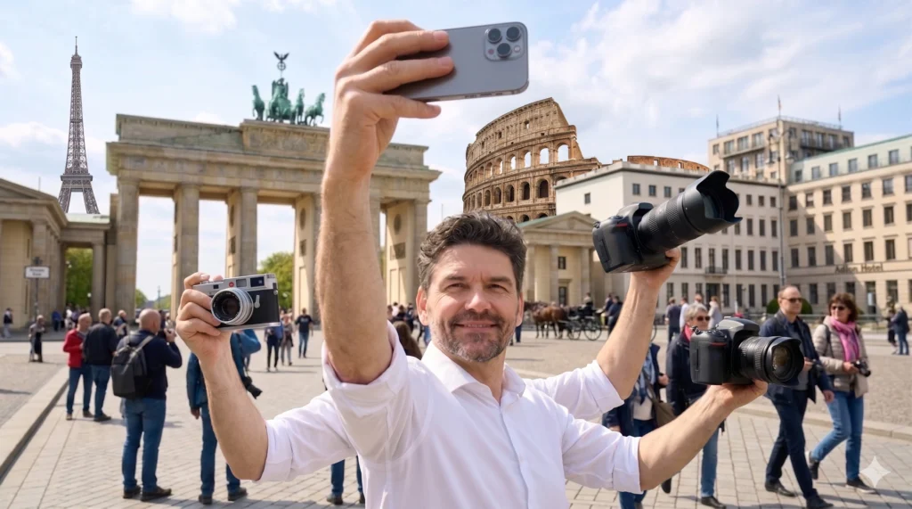 Person mit vier Händen in weißem Hemd vor dem Brandenburger Tor; eine Hand hält ein Smartphone über dem Kopf, zwei weitere halten große Spiegelreflexkameras, eine vierte eine kleine Retro-Kamera; im Hintergrund surreal eingefügter Eiffelturm und Kolosseum; Touristinnen und Touristen auf dem Platz; sonniger Tag mit leicht bewölktem Himmel; KI-generiertes Bild.