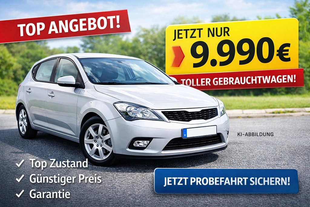 Werbeanzeige für silbernen Gebrauchtwagen mit großem gelb-rotem Preisschild Jetzt nur 9.990 € und Text Top Angebot, Toller Gebrauchtwagen; unten links Häkchenliste Top Zustand, Günstiger Preis, Garantie; blauer Button Jetzt Probefahrt sichern; Hinweis: KI-Abbildung.