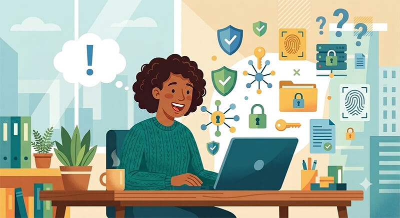 Illustration einer lächelnden Person mit lockigem Haar in grünem Pullover am Laptop. Über dem Kopf eine Denkblase mit Ausrufezeichen. Im Hintergrund IT-Sicherheitssymbole wie Schutzschilde, Schlösser, Schlüssel, Fingerabdrücke und vernetzte Knotenpunkte. Die Illustration symbolisiert Cybersicherheit und Datenschutz am Arbeitsplatz.