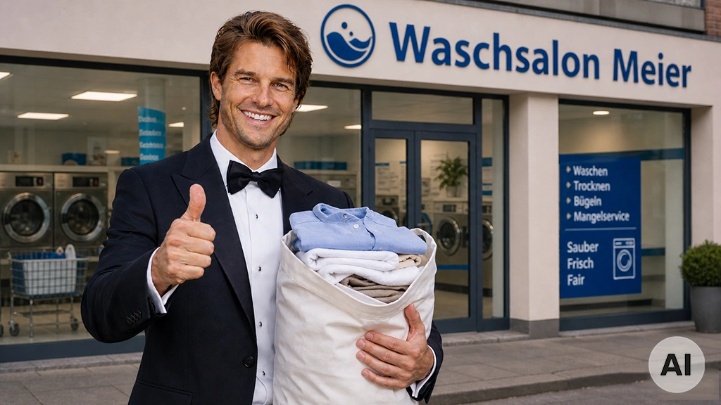 KI-generiertes Bild eines Mannes im schwarzen Smoking mit Fliege, der vor einem Waschsalon steht. Er haelt einen Waeschesack mit gefalteter Kleidung im Arm und zeigt mit der anderen Hand einen Daumen nach oben. Im Hintergrund ist die Fassade des Waschsalon Meier zu sehen mit einem Smiley-Logo und einem Schild mit den Leistungen Waschen, Trocknen, Buegeln und Mangelservice sowie dem Slogan Sauber, Frisch, Fair. Links im Hintergrund sind Waschmaschinen erkennbar. Unten rechts im Bild befindet sich ein schwarzes rundes KI-Kennzeichnungssymbol mit weissem AI-Schriftzug.