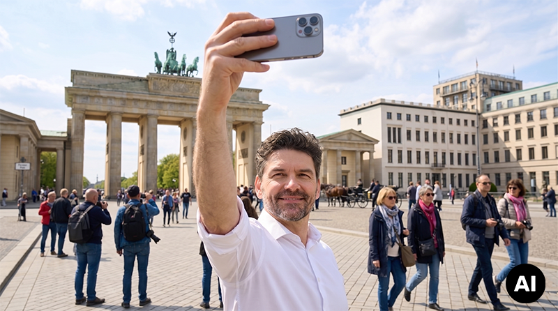 Person in weißem Hemd macht ein Selfie mit Smartphone vor dem Brandenburger Tor in Berlin; im Hintergrund viele Touristinnen und Touristen, einige mit Kameras, sowie Kutsche und moderne Gebäude; sonniger Tag mit leicht bewölktem Himmel; unten rechts Markierung als KI-Bild.