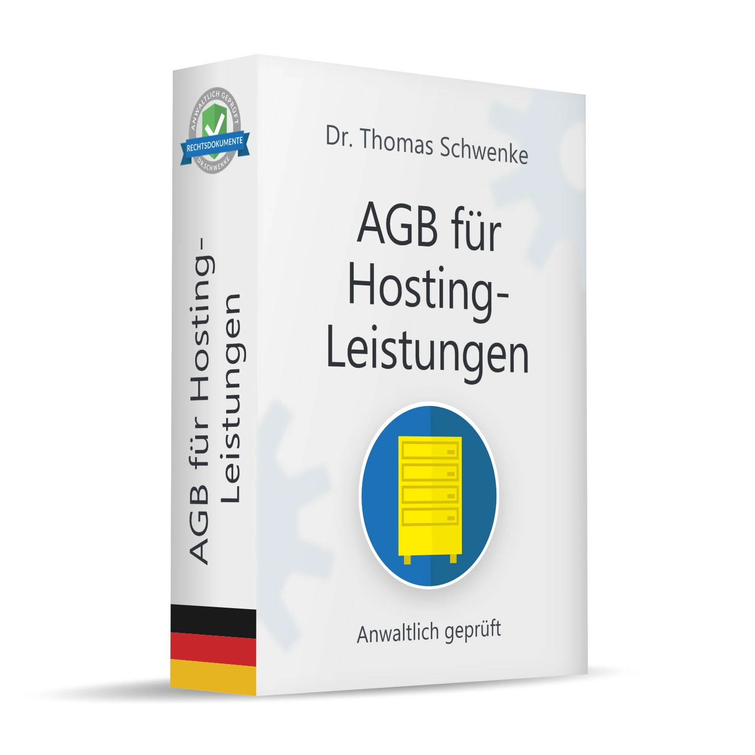 Produktverpackung in Form einer weißen 3D-Box für ein Rechtsdokument. Auf der Vorderseite steht oben der Name Dr. Thomas Schwenke und darunter der Titel AGB für Hosting-Leistungen. In der Mitte ein blaues rundes Symbol mit einem gelben Serverschrank. Am unteren Rand der Vorderseite der Hinweis Anwaltlich geprüft. Oben links ein rundes Siegel mit einem grünen Schild und Häkchen sowie dem Text Anwaltlich geprüft, Rechtsdokumente, Dr. Schwenke. Auf der Seitenfläche der Box wird der Titel AGB für Hosting-Leistungen wiederholt. Am unteren Rand der Seitenfläche sind die Farben der deutschen Flagge in Schwarz, Rot und Gold dargestellt. Im Hintergrund sind angedeutete Zahnradsymbole zu erkennen.