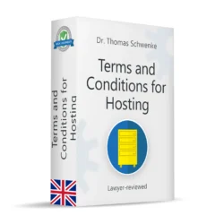 Produktverpackung in Form einer weißen 3D-Box für ein Rechtsdokument in englischer Sprache. Auf der Vorderseite steht oben der Name Dr. Thomas Schwenke und darunter der Titel Terms and Conditions for Hosting. In der Mitte ein blaues rundes Symbol mit einem gelben Serverschrank. Am unteren Rand der Vorderseite der Hinweis Lawyer-reviewed. Oben links ein rundes Siegel mit einem grünen Schild und Häkchen sowie dem Text Certified by a Lawyer, Legal Documents, Dr. Schwenke. Auf der Seitenfläche der Box wird der Titel Terms and Conditions for Hosting wiederholt. Am unteren Rand der Seitenfläche ist die Flagge des Vereinigten Königreichs dargestellt. Im Hintergrund sind angedeutete Zahnradsymbole zu erkennen.