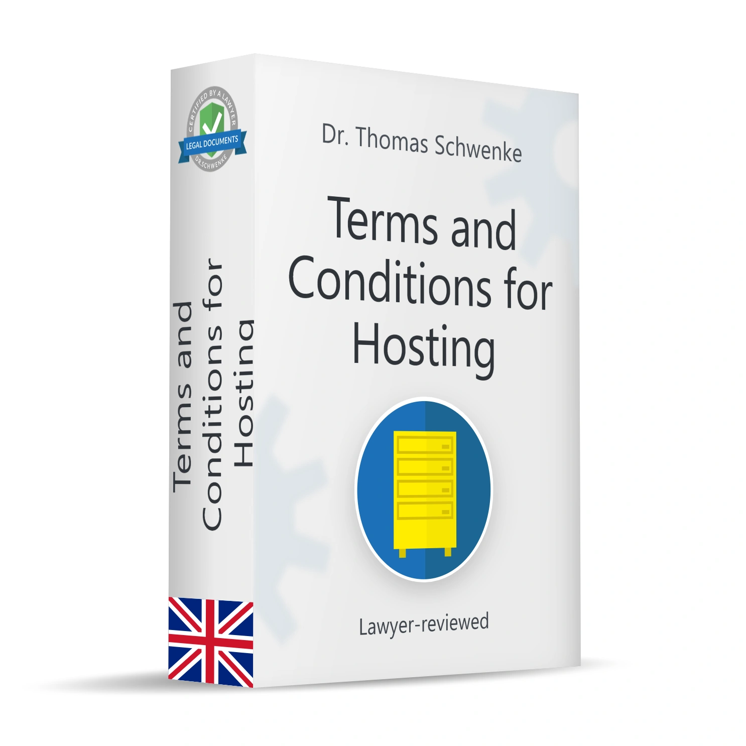 Produktverpackung in Form einer weißen 3D-Box für ein Rechtsdokument in englischer Sprache. Auf der Vorderseite steht oben der Name Dr. Thomas Schwenke und darunter der Titel Terms and Conditions for Hosting. In der Mitte ein blaues rundes Symbol mit einem gelben Serverschrank. Am unteren Rand der Vorderseite der Hinweis Lawyer-reviewed. Oben links ein rundes Siegel mit einem grünen Schild und Häkchen sowie dem Text Certified by a Lawyer, Legal Documents, Dr. Schwenke. Auf der Seitenfläche der Box wird der Titel Terms and Conditions for Hosting wiederholt. Am unteren Rand der Seitenfläche ist die Flagge des Vereinigten Königreichs dargestellt. Im Hintergrund sind angedeutete Zahnradsymbole zu erkennen.